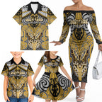 Aotearoa Iwi Ngati Tama Personalised Family Matching Off The Shoulder Long Sleeve Dress and Hawaiian Shirt Maori Kowhaiwhai Pattern
