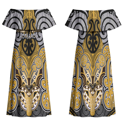 Aotearoa Iwi Ngati Tama Personalised Family Matching Off Shoulder Maxi Dress and Hawaiian Shirt Maori Kowhaiwhai Pattern