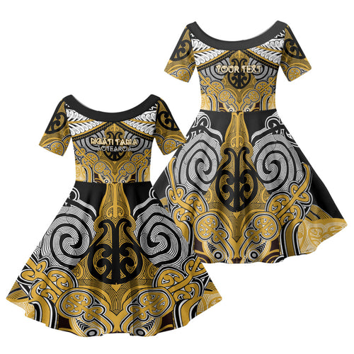 Aotearoa Iwi Ngati Tama Personalised Family Matching Off Shoulder Maxi Dress and Hawaiian Shirt Maori Kowhaiwhai Pattern