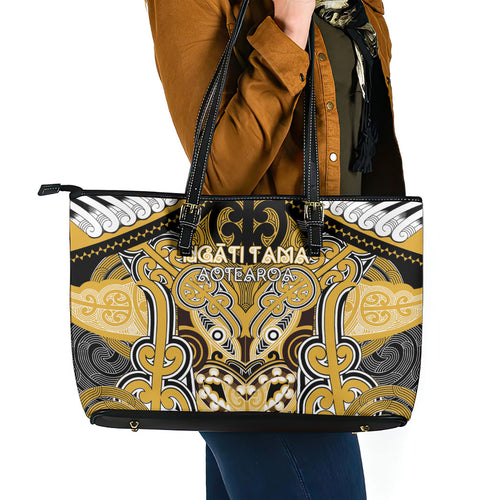 Aotearoa Iwi Ngati Tama Leather Tote Bag Maori Kowhaiwhai Pattern