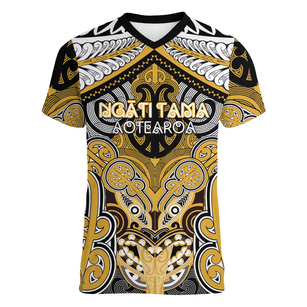 Aotearoa Iwi Ngati Tama Personalised Women V-Neck T-Shirt Maori Kowhaiwhai Pattern