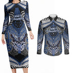 Aotearoa Iwi Ngati Tuwharetoa Personalised Couples Matching Long Sleeve Bodycon Dress and Long Sleeve Button Shirt Maori Kowhaiwhai Pattern