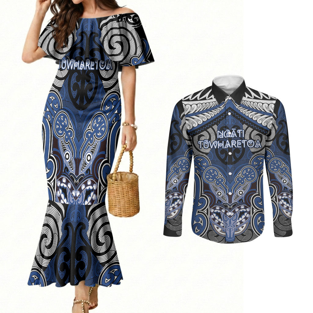 Aotearoa Iwi Ngati Tuwharetoa Personalised Couples Matching Mermaid Dress and Long Sleeve Button Shirt Maori Kowhaiwhai Pattern