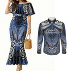 Aotearoa Iwi Ngati Tuwharetoa Personalised Couples Matching Mermaid Dress and Long Sleeve Button Shirt Maori Kowhaiwhai Pattern