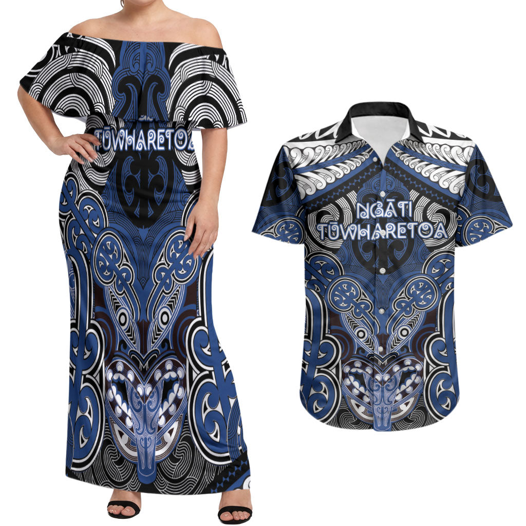 Aotearoa Iwi Ngati Tuwharetoa Personalised Couples Matching Off Shoulder Maxi Dress and Hawaiian Shirt Maori Kowhaiwhai Pattern