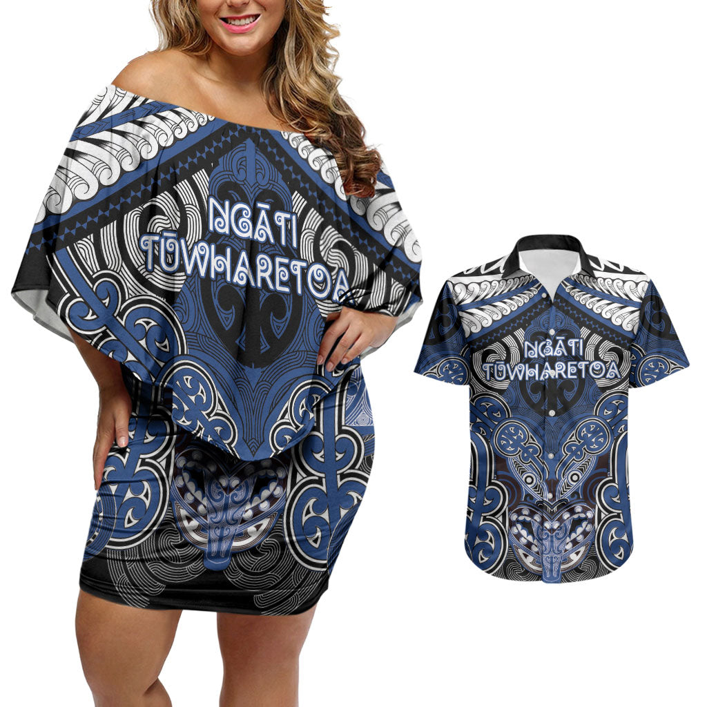 Aotearoa Iwi Ngati Tuwharetoa Personalised Couples Matching Off Shoulder Short Dress and Hawaiian Shirt Maori Kowhaiwhai Pattern