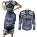 Aotearoa Iwi Ngati Tuwharetoa Personalised Couples Matching Short Sleeve Bodycon Dress and Long Sleeve Button Shirt Maori Kowhaiwhai Pattern