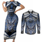Aotearoa Iwi Ngati Tuwharetoa Personalised Couples Matching Short Sleeve Bodycon Dress and Long Sleeve Button Shirt Maori Kowhaiwhai Pattern