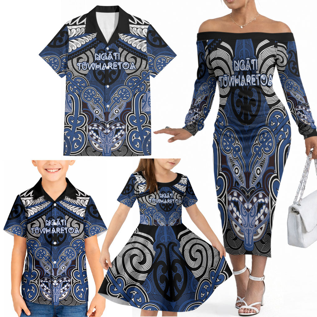 Aotearoa Iwi Ngati Tuwharetoa Personalised Family Matching Off The Shoulder Long Sleeve Dress and Hawaiian Shirt Maori Kowhaiwhai Pattern
