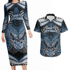 Aotearoa Iwi Ngati Mutunga Personalised Couples Matching Long Sleeve Bodycon Dress and Hawaiian Shirt Maori Kowhaiwhai Pattern