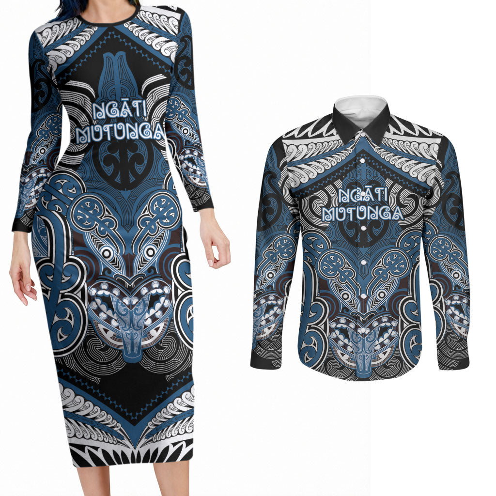 Aotearoa Iwi Ngati Mutunga Personalised Couples Matching Long Sleeve Bodycon Dress and Long Sleeve Button Shirt Maori Kowhaiwhai Pattern