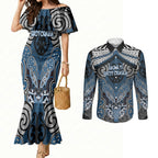 Aotearoa Iwi Ngati Mutunga Personalised Couples Matching Mermaid Dress and Long Sleeve Button Shirt Maori Kowhaiwhai Pattern