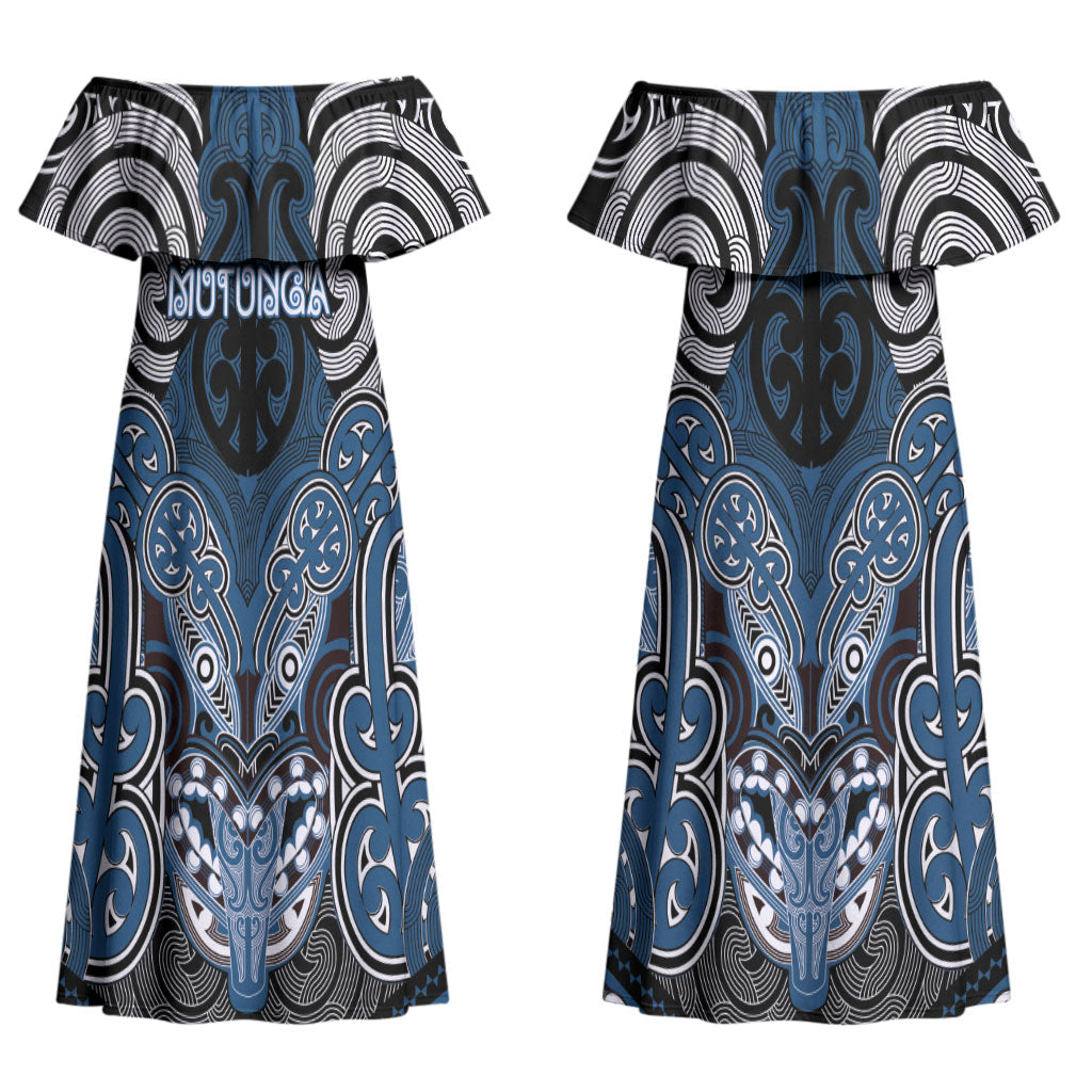 Aotearoa Iwi Ngati Mutunga Personalised Couples Matching Off Shoulder Maxi Dress and Hawaiian Shirt Maori Kowhaiwhai Pattern
