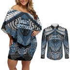 Aotearoa Iwi Ngati Mutunga Personalised Couples Matching Off Shoulder Short Dress and Long Sleeve Button Shirt Maori Kowhaiwhai Pattern