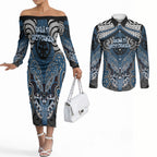 Aotearoa Iwi Ngati Mutunga Personalised Couples Matching Off The Shoulder Long Sleeve Dress and Long Sleeve Button Shirt Maori Kowhaiwhai Pattern