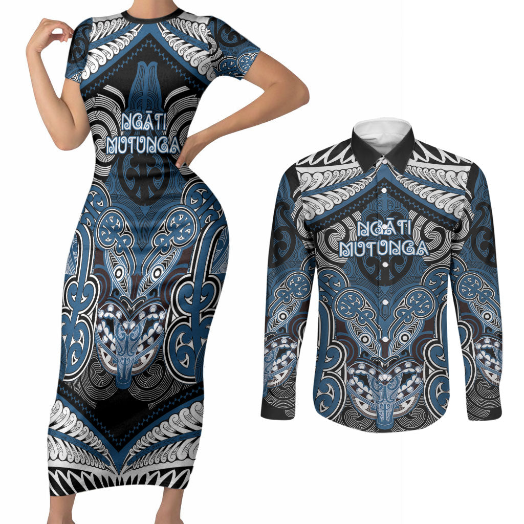 Aotearoa Iwi Ngati Mutunga Personalised Couples Matching Short Sleeve Bodycon Dress and Long Sleeve Button Shirt Maori Kowhaiwhai Pattern
