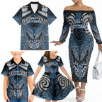 Aotearoa Iwi Ngati Mutunga Personalised Family Matching Off The Shoulder Long Sleeve Dress and Hawaiian Shirt Maori Kowhaiwhai Pattern
