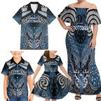 Aotearoa Iwi Ngati Mutunga Personalised Family Matching Off Shoulder Maxi Dress and Hawaiian Shirt Maori Kowhaiwhai Pattern