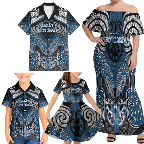 Aotearoa Iwi Ngati Mutunga Personalised Family Matching Off Shoulder Maxi Dress and Hawaiian Shirt Maori Kowhaiwhai Pattern