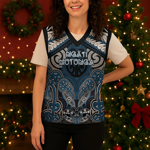 Aotearoa Iwi Ngati Mutunga Personalised Christmas Knitted V-Neck Vest Maori Kowhaiwhai Pattern