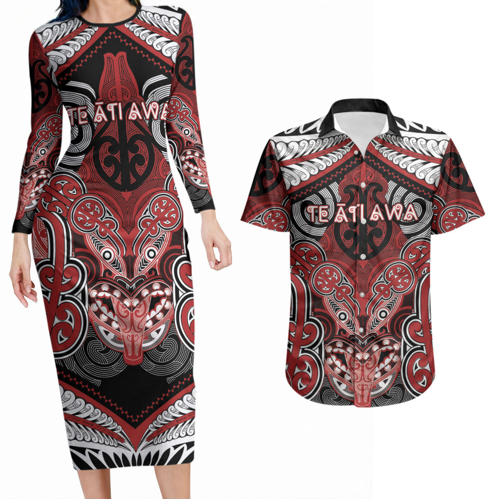 Aotearoa Iwi Te Ati Awa Personalised Couples Matching Long Sleeve Bodycon Dress and Hawaiian Shirt Maori Kowhaiwhai Pattern