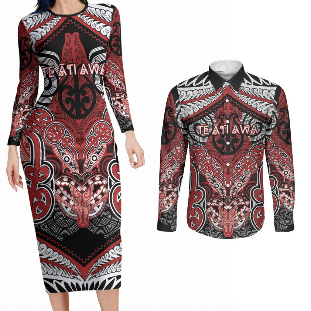 Aotearoa Iwi Te Ati Awa Personalised Couples Matching Long Sleeve Bodycon Dress and Long Sleeve Button Shirt Maori Kowhaiwhai Pattern