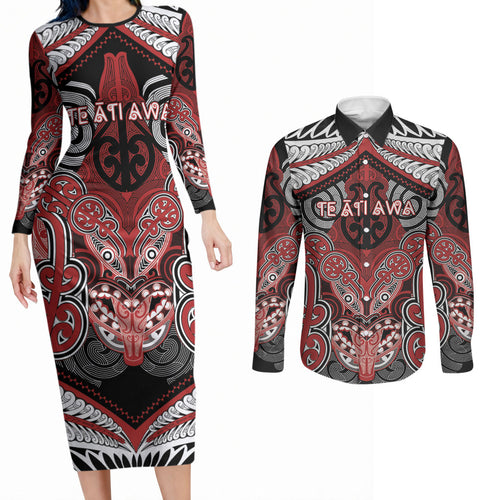 Aotearoa Iwi Te Ati Awa Personalised Couples Matching Long Sleeve Bodycon Dress and Long Sleeve Button Shirt Maori Kowhaiwhai Pattern