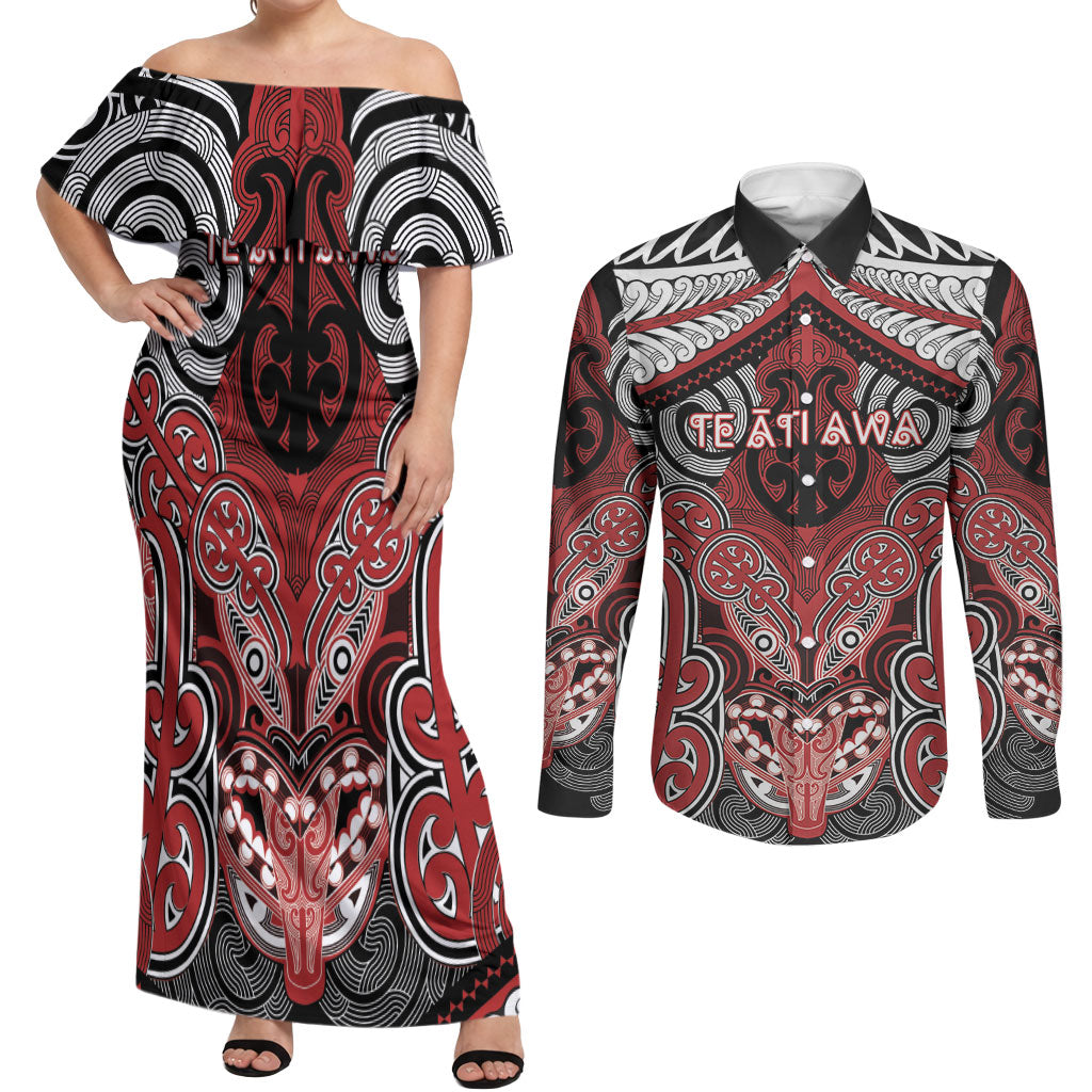 Aotearoa Iwi Te Ati Awa Personalised Couples Matching Off Shoulder Maxi Dress and Long Sleeve Button Shirt Maori Kowhaiwhai Pattern