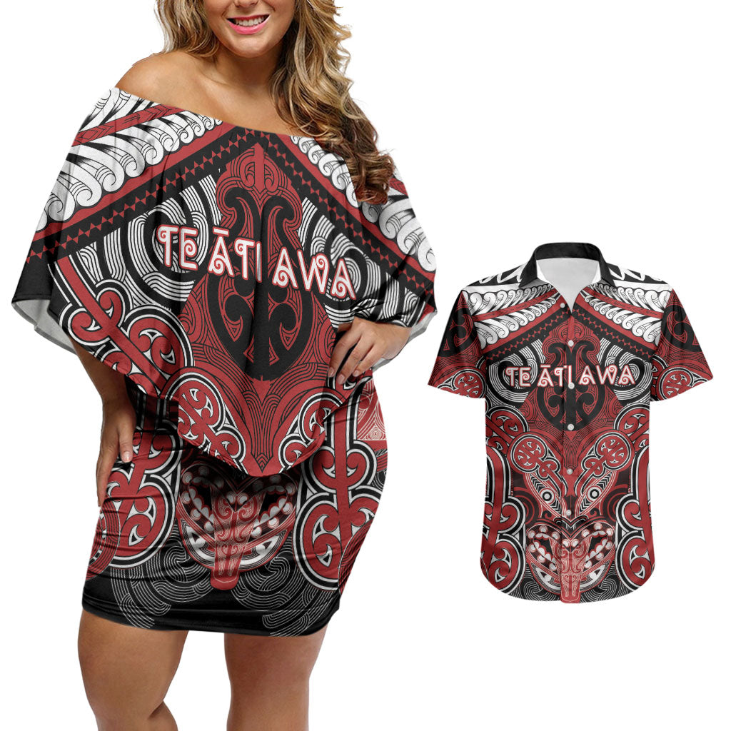 Aotearoa Iwi Te Ati Awa Personalised Couples Matching Off Shoulder Short Dress and Hawaiian Shirt Maori Kowhaiwhai Pattern