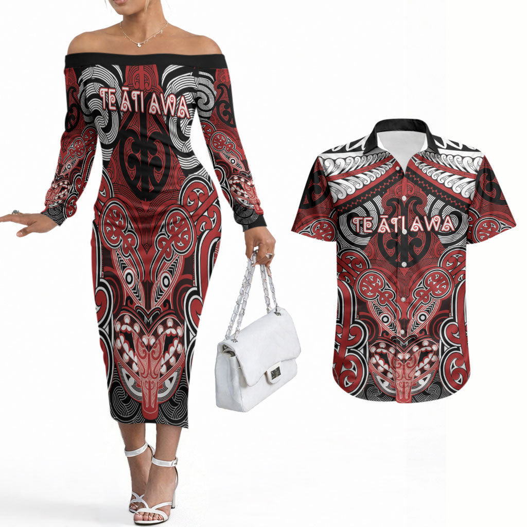 Aotearoa Iwi Te Ati Awa Personalised Couples Matching Off The Shoulder Long Sleeve Dress and Hawaiian Shirt Maori Kowhaiwhai Pattern