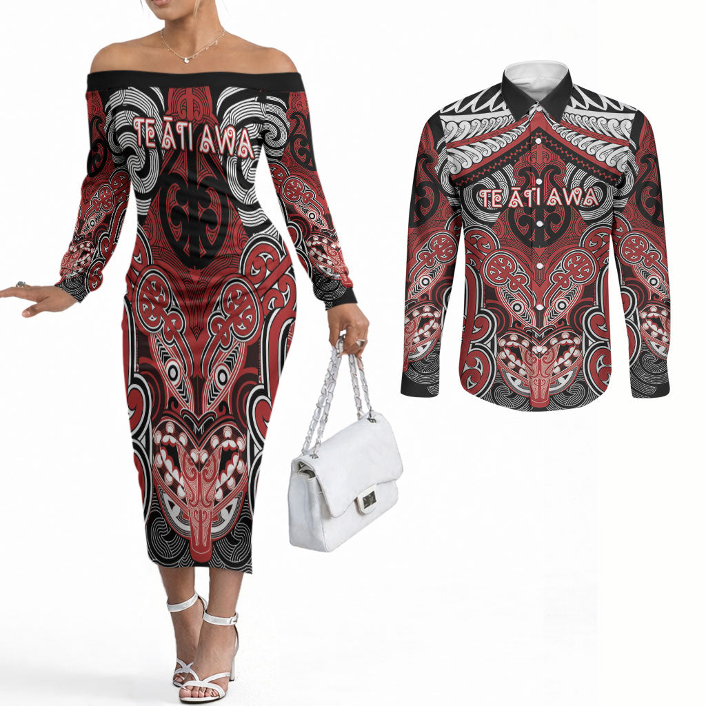 Aotearoa Iwi Te Ati Awa Personalised Couples Matching Off The Shoulder Long Sleeve Dress and Long Sleeve Button Shirt Maori Kowhaiwhai Pattern
