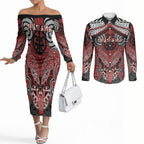 Aotearoa Iwi Te Ati Awa Personalised Couples Matching Off The Shoulder Long Sleeve Dress and Long Sleeve Button Shirt Maori Kowhaiwhai Pattern