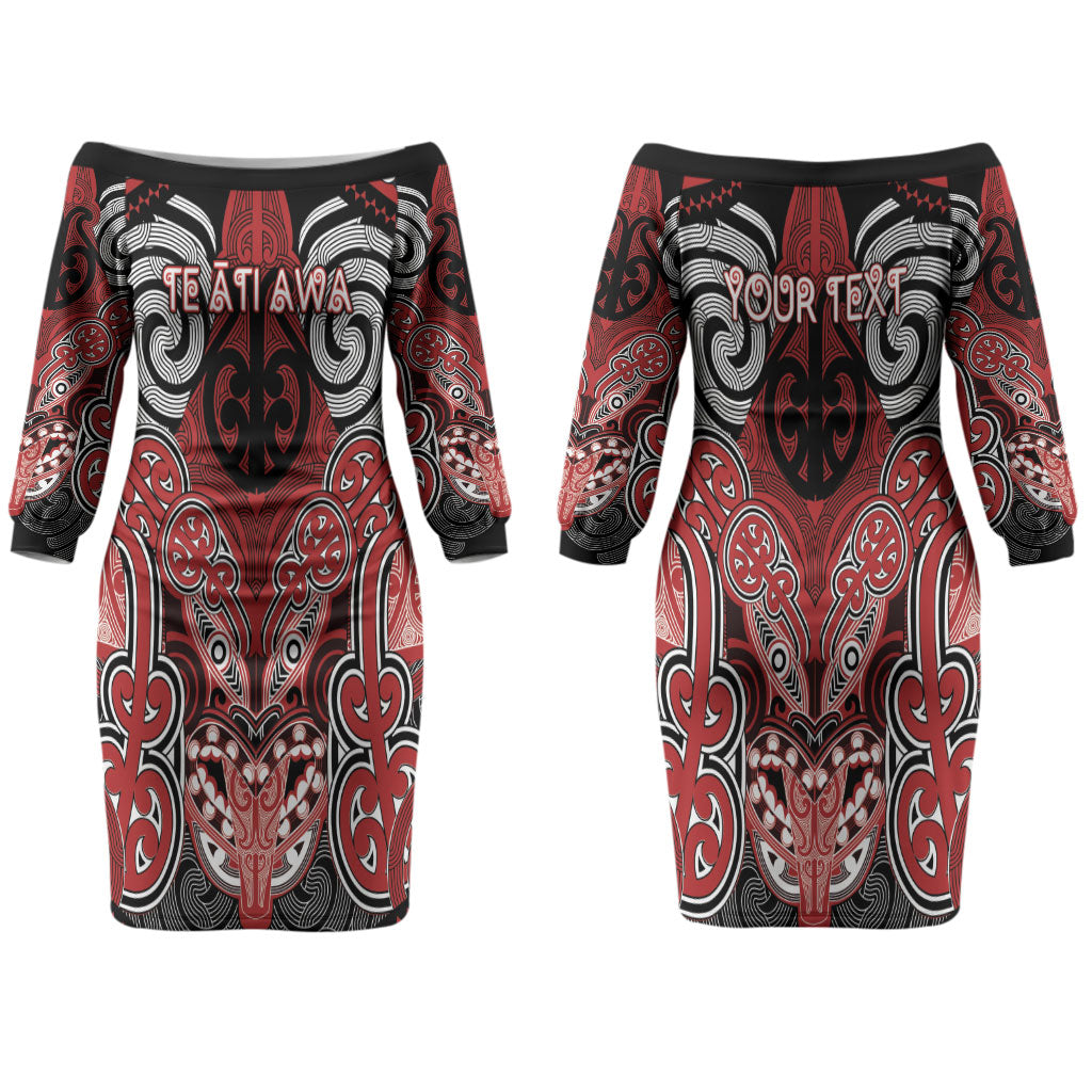 Aotearoa Iwi Te Ati Awa Personalised Couples Matching Off The Shoulder Long Sleeve Dress and Long Sleeve Button Shirt Maori Kowhaiwhai Pattern