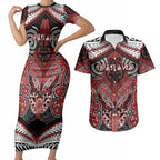 Aotearoa Iwi Te Ati Awa Personalised Couples Matching Short Sleeve Bodycon Dress and Hawaiian Shirt Maori Kowhaiwhai Pattern