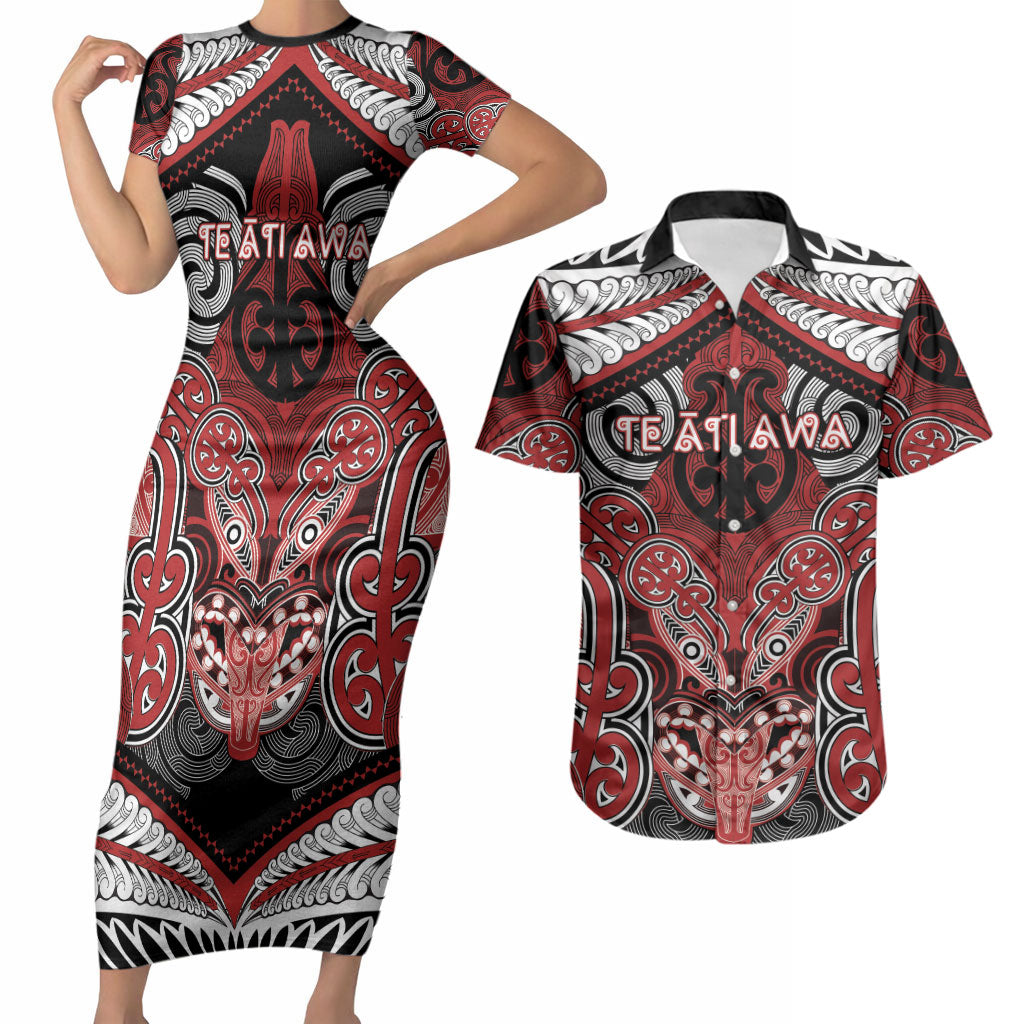 Aotearoa Iwi Te Ati Awa Personalised Couples Matching Short Sleeve Bodycon Dress and Hawaiian Shirt Maori Kowhaiwhai Pattern