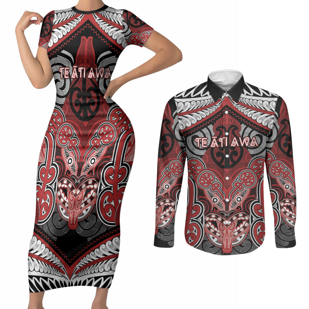 Aotearoa Iwi Te Ati Awa Personalised Couples Matching Short Sleeve Bodycon Dress and Long Sleeve Button Shirt Maori Kowhaiwhai Pattern