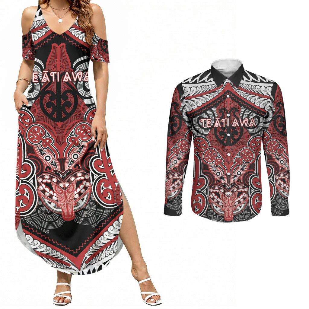 Aotearoa Iwi Te Ati Awa Personalised Couples Matching Summer Maxi Dress and Long Sleeve Button Shirt Maori Kowhaiwhai Pattern