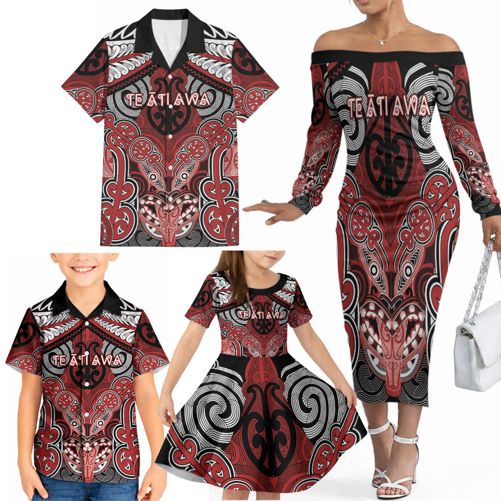 Aotearoa Iwi Te Ati Awa Personalised Family Matching Off The Shoulder Long Sleeve Dress and Hawaiian Shirt Maori Kowhaiwhai Pattern