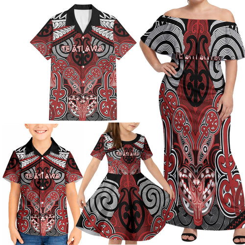 Aotearoa Iwi Te Ati Awa Personalised Family Matching Off Shoulder Maxi Dress and Hawaiian Shirt Maori Kowhaiwhai Pattern