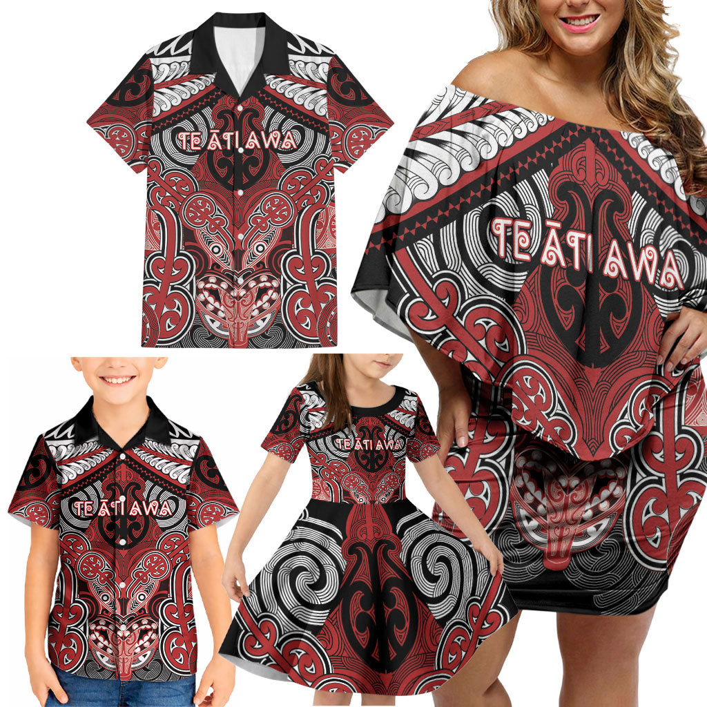 Aotearoa Iwi Te Ati Awa Personalised Family Matching Off Shoulder Short Dress and Hawaiian Shirt Maori Kowhaiwhai Pattern