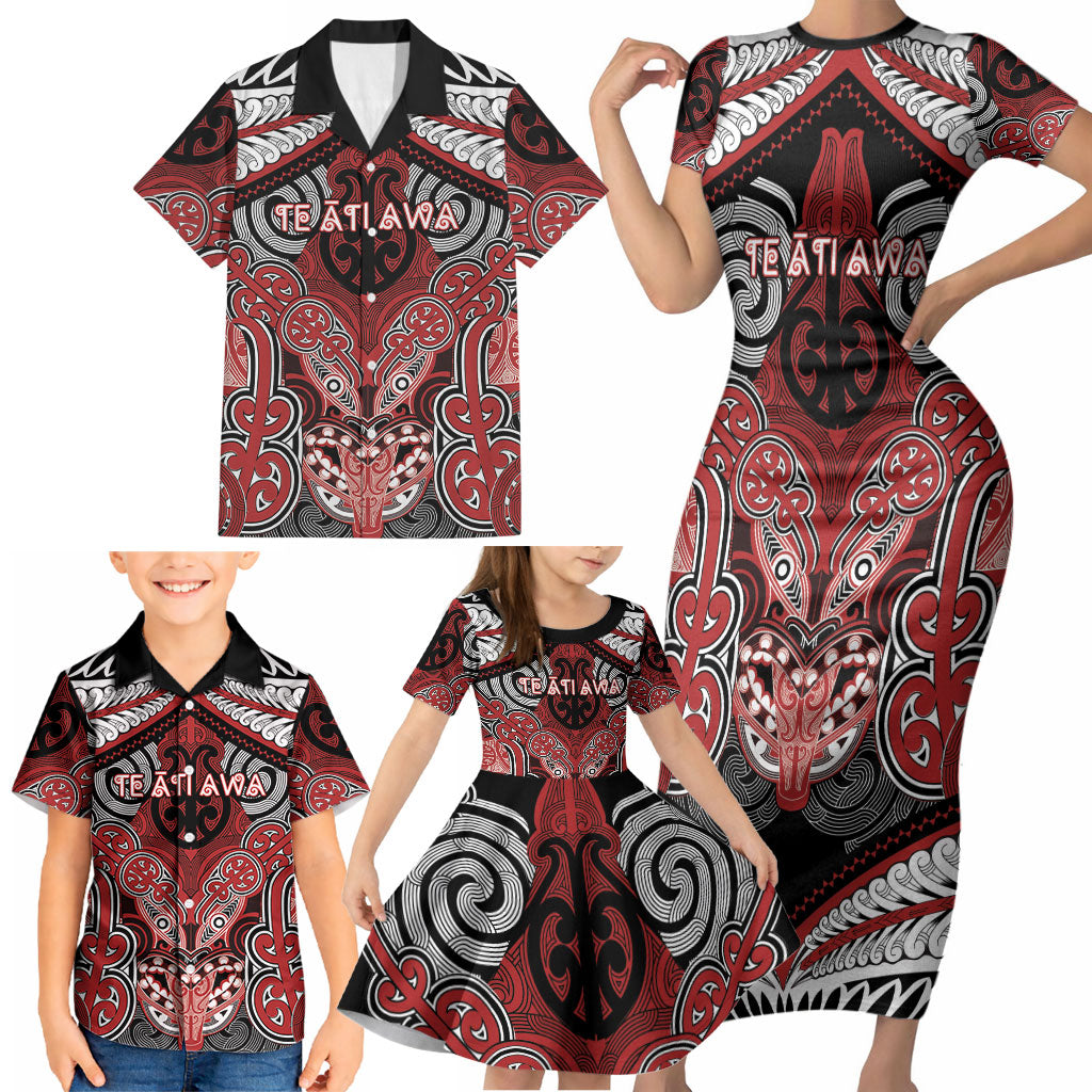 Aotearoa Iwi Te Ati Awa Personalised Family Matching Short Sleeve Bodycon Dress and Hawaiian Shirt Maori Kowhaiwhai Pattern