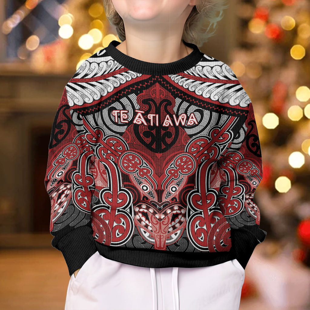 Aotearoa Iwi Te Ati Awa Personalised Kid Ugly Christmas Sweater Maori Kowhaiwhai Pattern