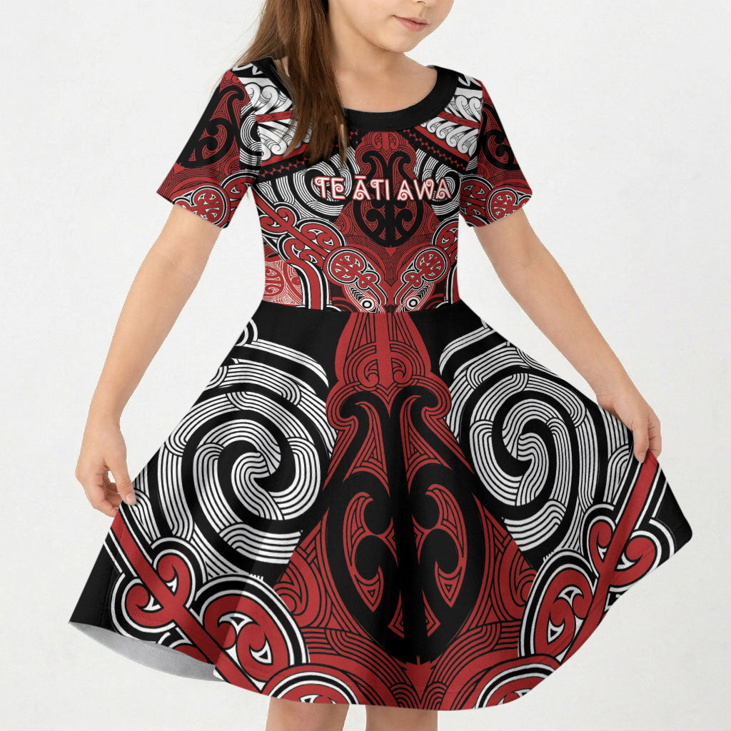 Aotearoa Iwi Te Ati Awa Personalised Kid Short Sleeve Dress Maori Kowhaiwhai Pattern