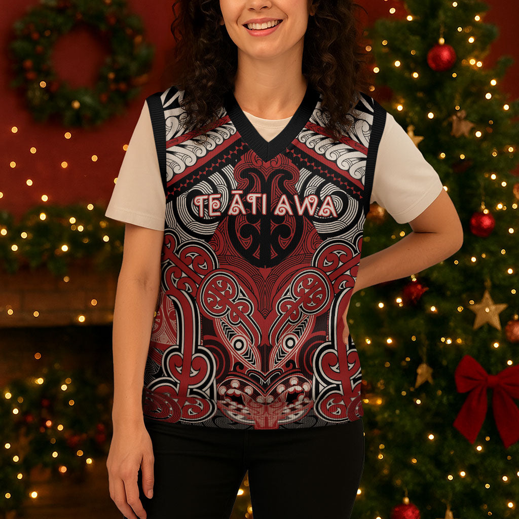 Aotearoa Iwi Te Ati Awa Personalised Christmas Knitted V-Neck Vest Maori Kowhaiwhai Pattern