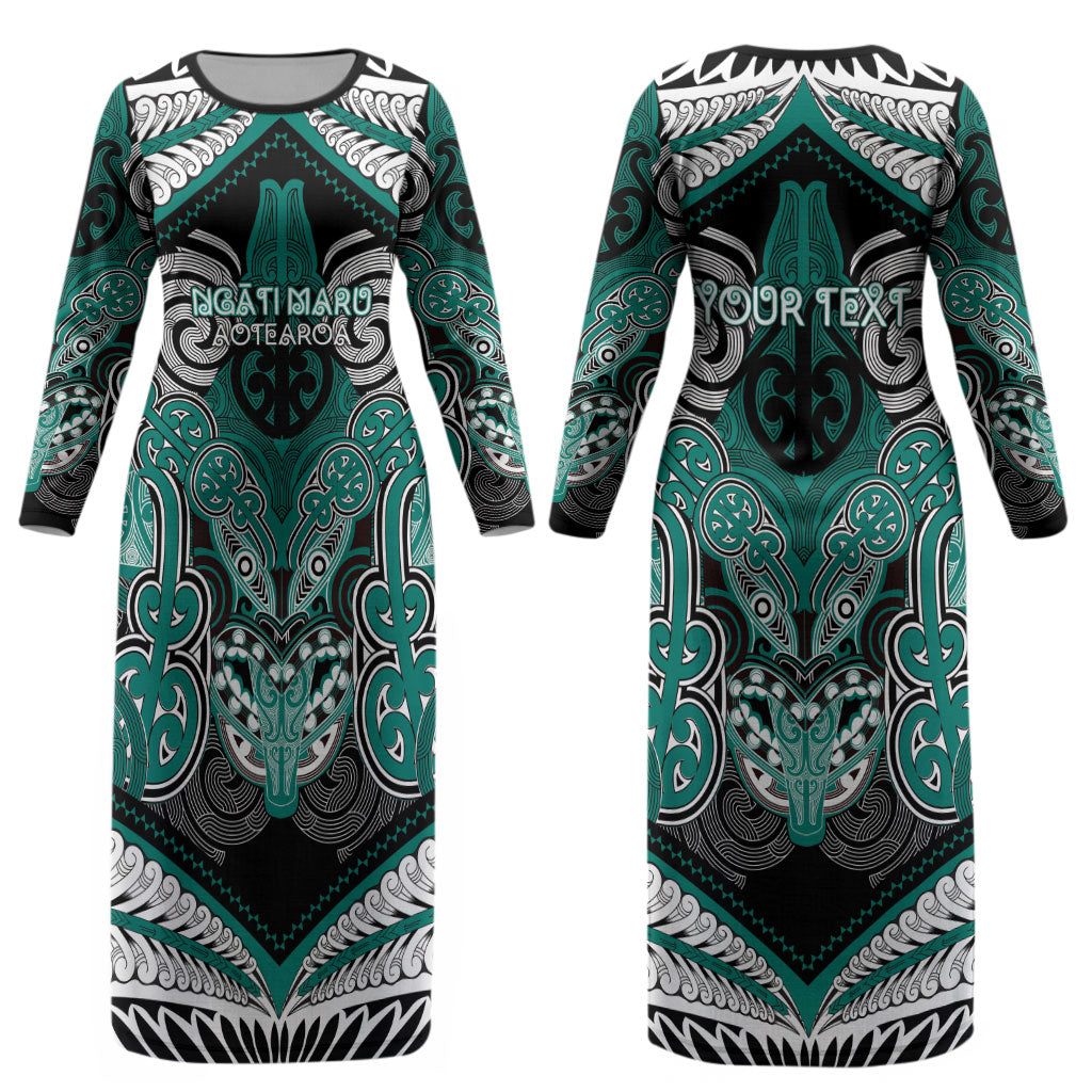 Aotearoa Iwi Ngati Maru Personalised Couples Matching Long Sleeve Bodycon Dress and Hawaiian Shirt Maori Kowhaiwhai Pattern