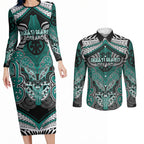 Aotearoa Iwi Ngati Maru Personalised Couples Matching Long Sleeve Bodycon Dress and Long Sleeve Button Shirt Maori Kowhaiwhai Pattern