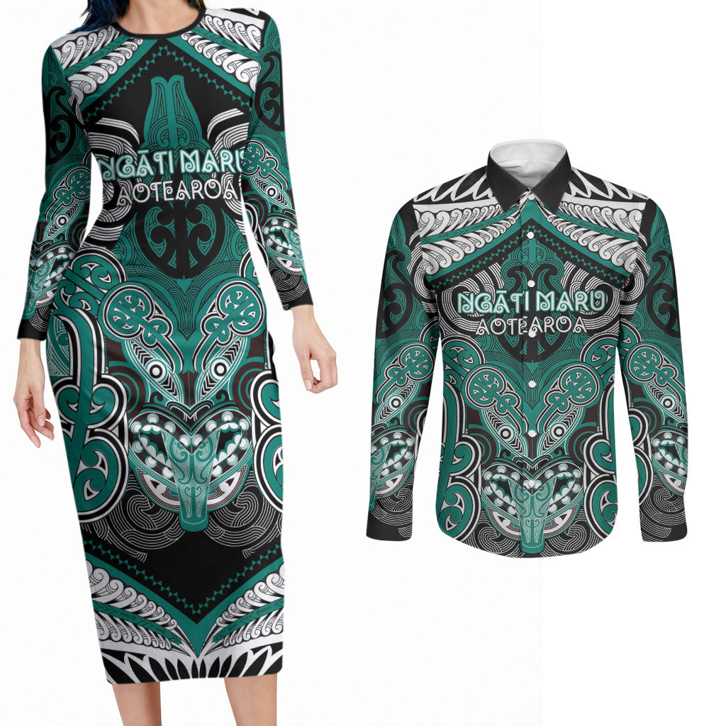 Aotearoa Iwi Ngati Maru Personalised Couples Matching Long Sleeve Bodycon Dress and Long Sleeve Button Shirt Maori Kowhaiwhai Pattern