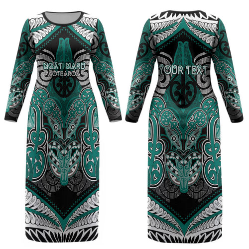 Aotearoa Iwi Ngati Maru Personalised Couples Matching Long Sleeve Bodycon Dress and Long Sleeve Button Shirt Maori Kowhaiwhai Pattern