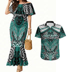 Aotearoa Iwi Ngati Maru Personalised Couples Matching Mermaid Dress and Hawaiian Shirt Maori Kowhaiwhai Pattern