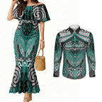 Aotearoa Iwi Ngati Maru Personalised Couples Matching Mermaid Dress and Long Sleeve Button Shirt Maori Kowhaiwhai Pattern